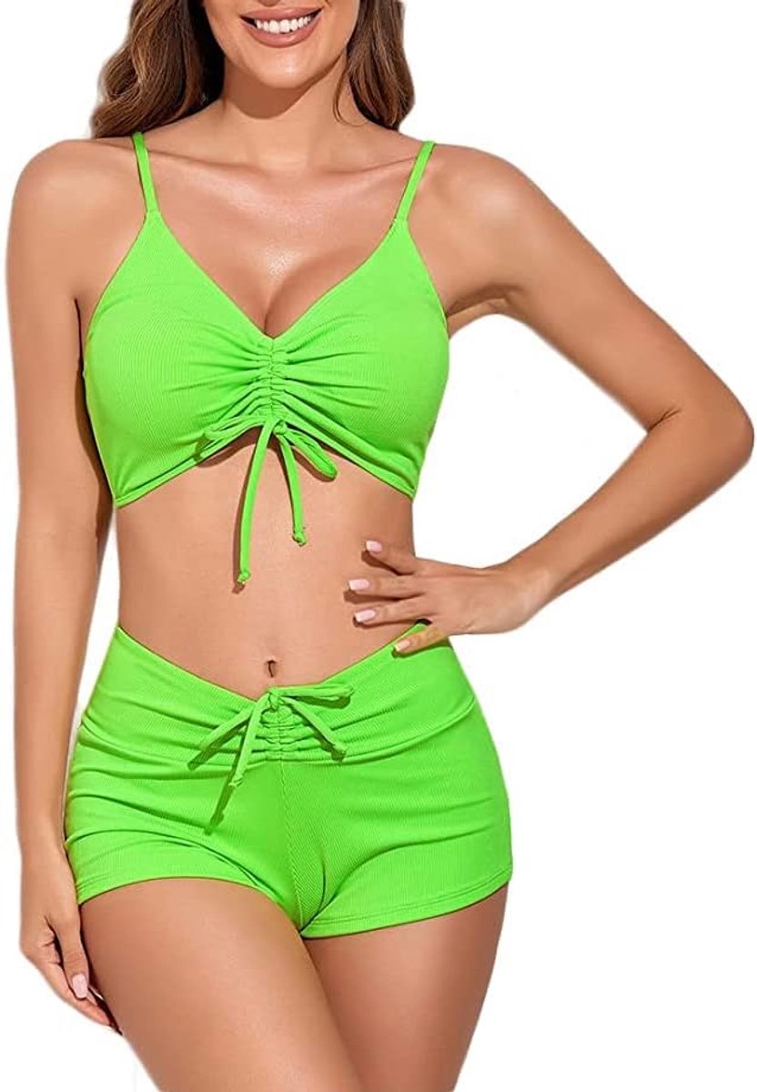 meioro Solid Zwempak voor Vrouwen Bikini Shorts Tie Front Tweedelige Zwemkleding Sportieve Zwempakken Hoge Taille Zwempak