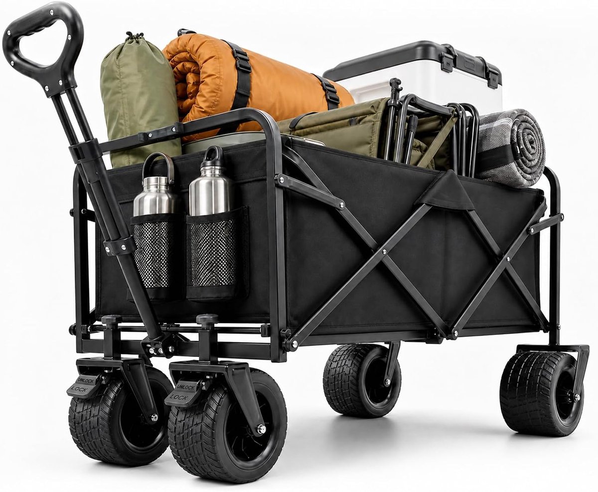 SnelShoppen - Opvouwbare Strandwagen 200 l, 160 kg - Transportwagen met 360 Graden Draaibare Wielen voor Kamperen, Winkelen, Honden en Tuin - Ideaal v