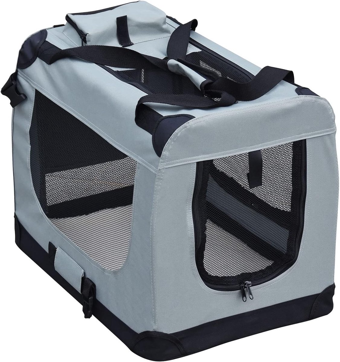 SnelShoppen - Vouwbare Grijze Huisdier Transportbox L (70x52x50cm) met Handvat, Deksel, Fleece Mat en Opbergtassen voor Honden, Katten en Andere Huisd
