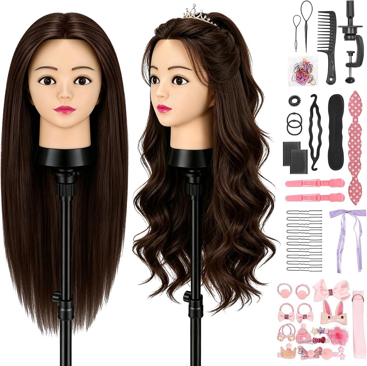 Mannequin hoofd voor haarstyling, 60% echt haar, kappershoofd, trainingshoofd voor knippen en vlechten, inclusief klem + vlechtset (kastanjebruin)