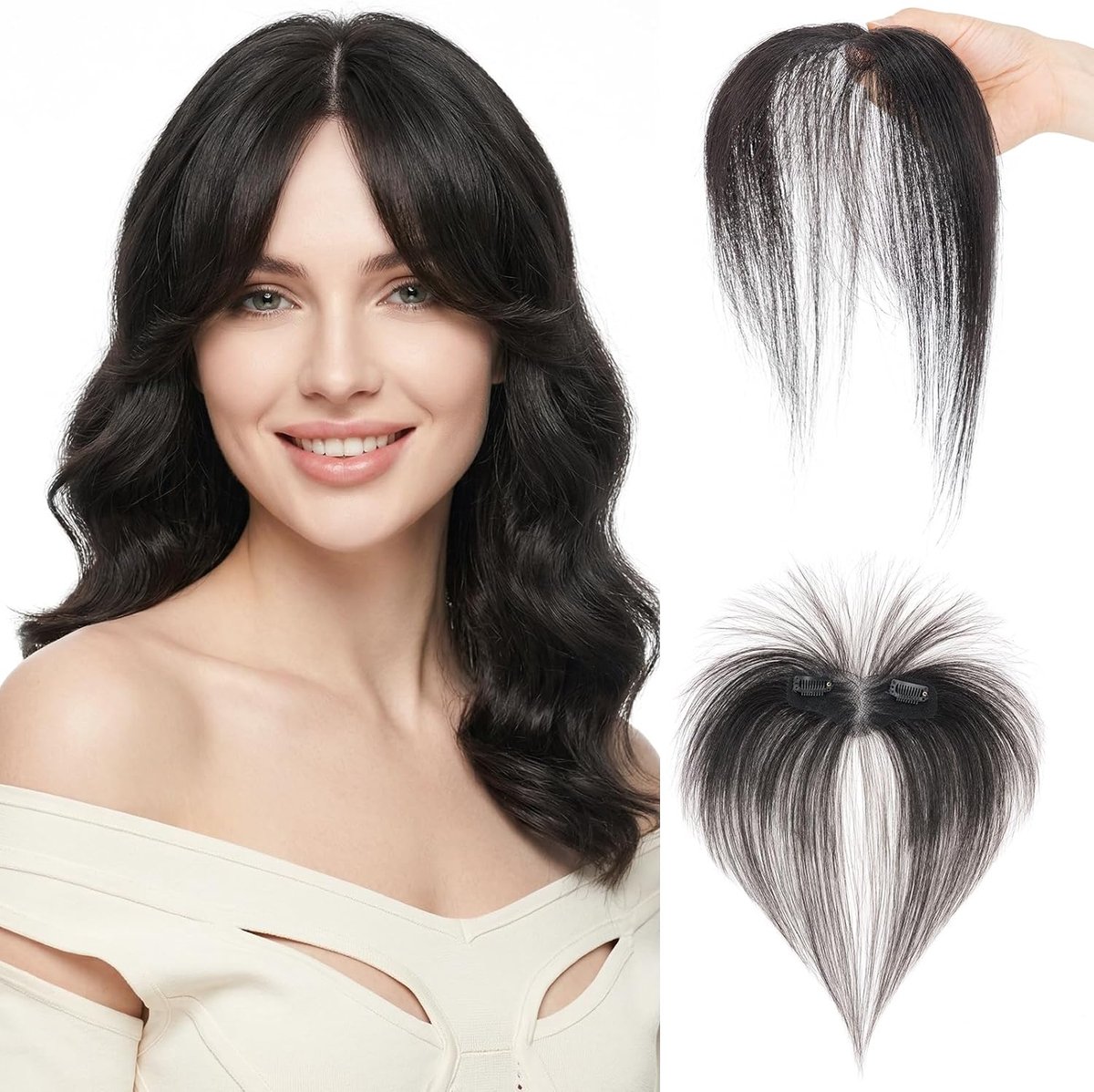 Clip-in pony van echt haar, 100% echt Remy-haar, pony aan de zijkant, handgeknoopte gordijnpony voor onmiddellijke stijlverandering en gezichtsvormend haarstukje voor dames, #1B, natuurlijk