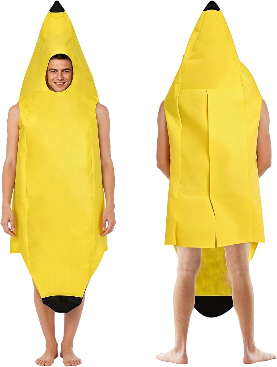 Bananenkostuum voor volwassenen, uniseks, grappig en origineel fruitkostuum voor dames en heren, geel, comfortabel, één maat voor carnaval, Halloween, themafeesten, EVG/EVJF en feestjes