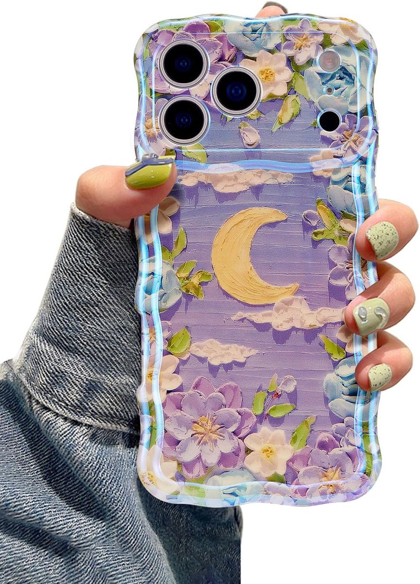Hoesje voor iPhone 17 Pro, Kleurrijk Retro Olieverf Bloemen Maan Patroon Laser Schattig Krullend Golfrand Prachtige Telefoonhoes Stijlvolle Duurzame TPU Beschermende Hoes voor Meisjes Vrouwen