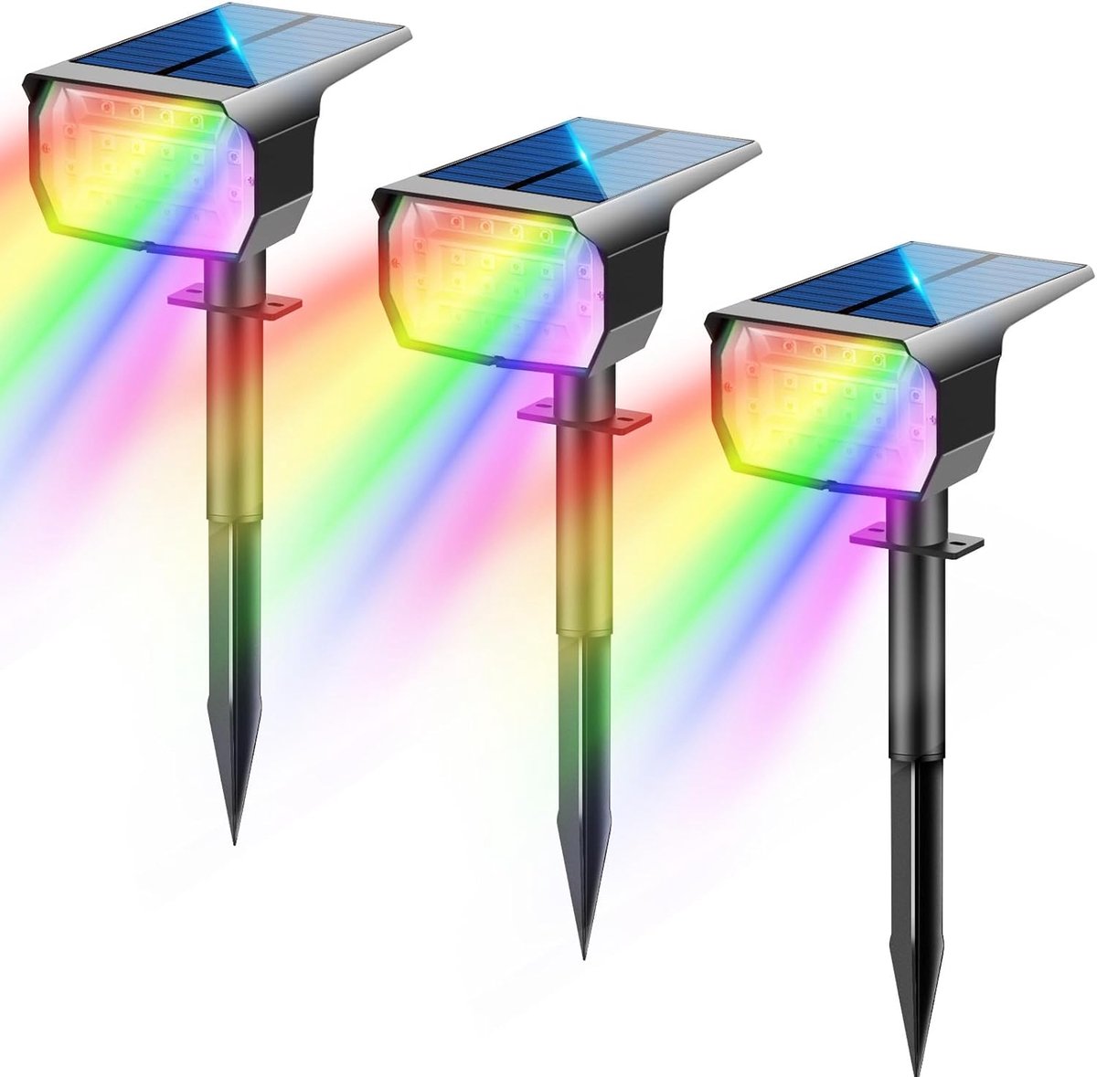 Kleurrijke RGB Solarlampen voor buiten tuin [3 stuks/20 LED/6 vaste kleuren/1 cyclusmodus], IP67 waterdicht tuinverlichting op zonne-energie buiten, LED-zonneschijnwerper buiten, lichtsensor
