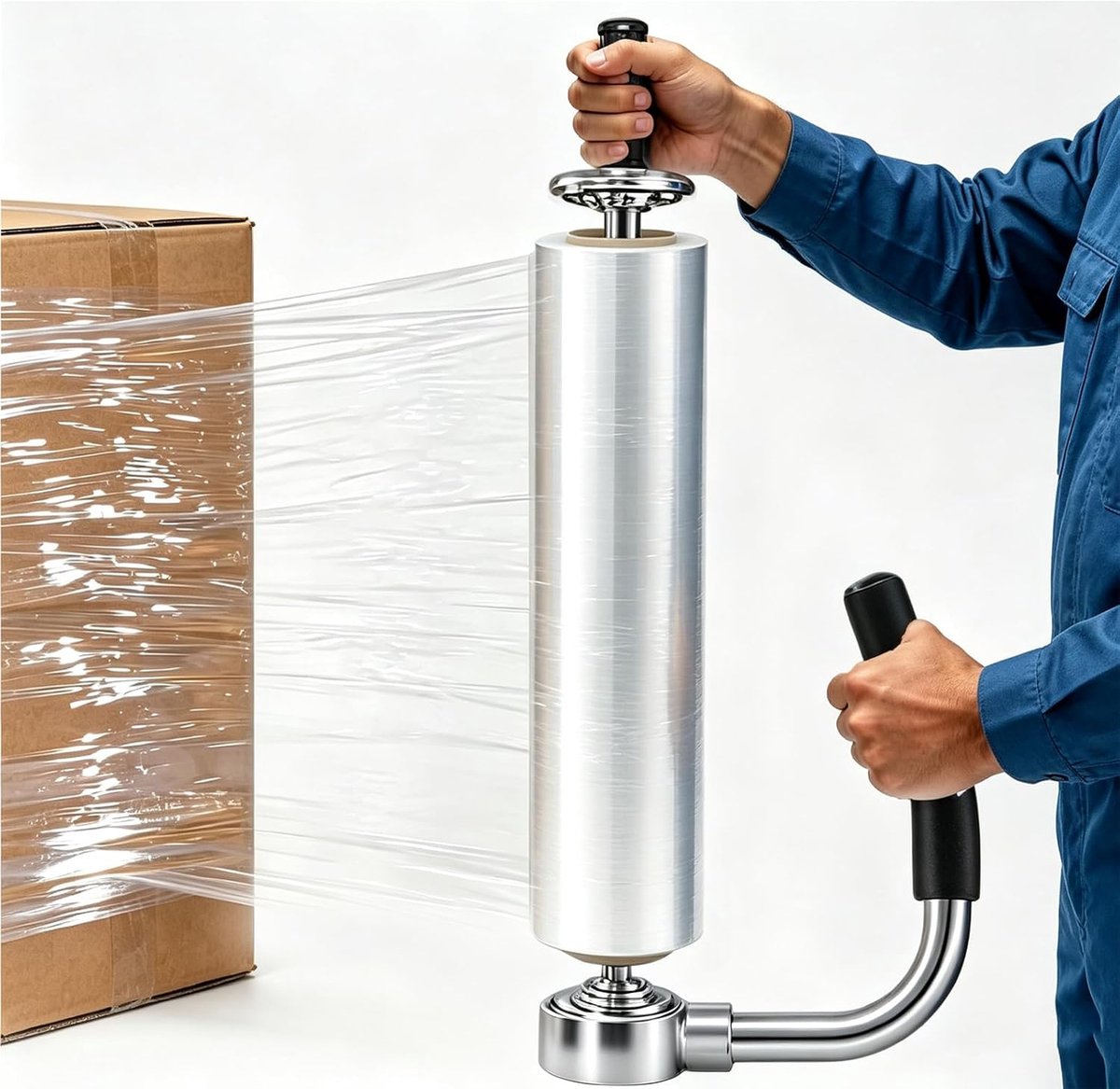 afroller, stretchfolie, 48-68 cm, stretchfoliedispenser, metaal, handafroller, stretchfolie, verpakking voor magazijn en verpakking, zilver, verstelbare hoogte handgreep