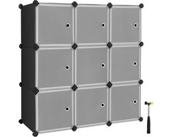 9-Cube opbergorganisator, kunststof kast met deuren, modulaire kast voor kleding, schoenen, speelgoed, boeken, eenvoudig te monteren, zwart LPC116HS