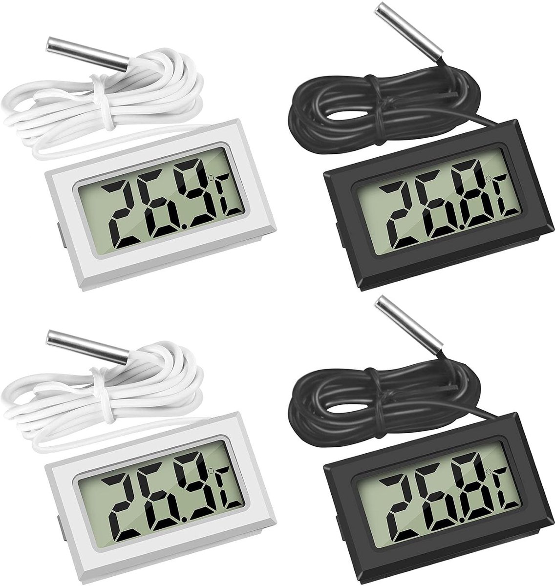 Digitale minithermometer met lcd-scherm, met externe sensor, voor vriezer, koelkast, aquarium (4 stuks met externe sensor) | met externe sonde, waterdicht, voor koelkast, vriezer, aquarium, 2 wit, 2 zwart, 4 stuks