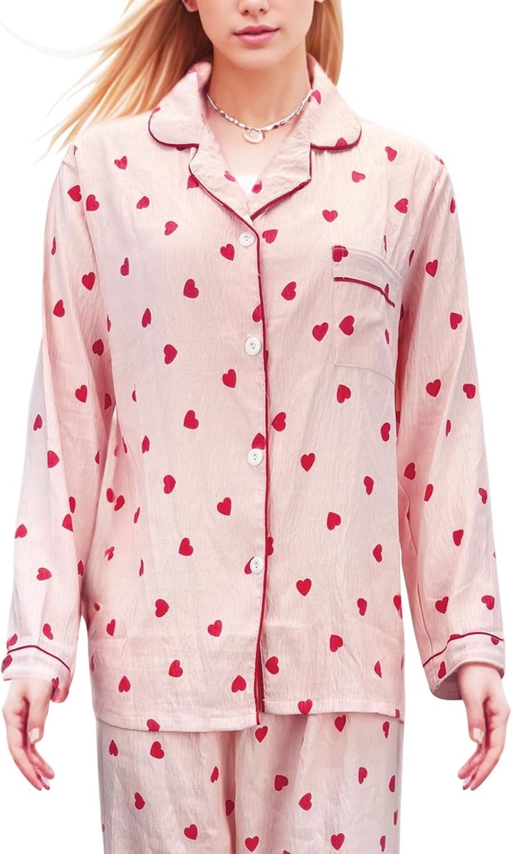 Damespyjama lang, perzik hartpatroon revers pyjama set voor dames nachtkleding dames pyjama broek dames lange nachtkleding pyjamaset tweedelige loungewear voor vier seizoenen XL, beige, XL