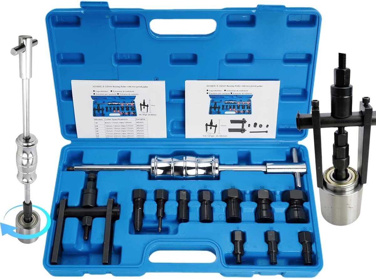 fiets binnenlager trekker met glijhamer en twee-armige trekker zakgat binnenlagertrekker fiets wiellager trekker set met 8 uitbreidbare spantangen（8-32 mm）