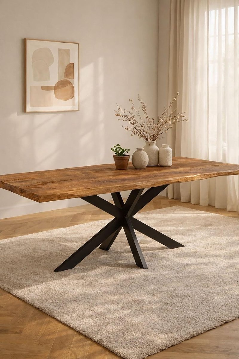 Home Rechthoekige Boomstam Eettafel 140 cm Mangohout – Zwart Metalen Matrix Onderstel – Industrieel – 4-6 Personen