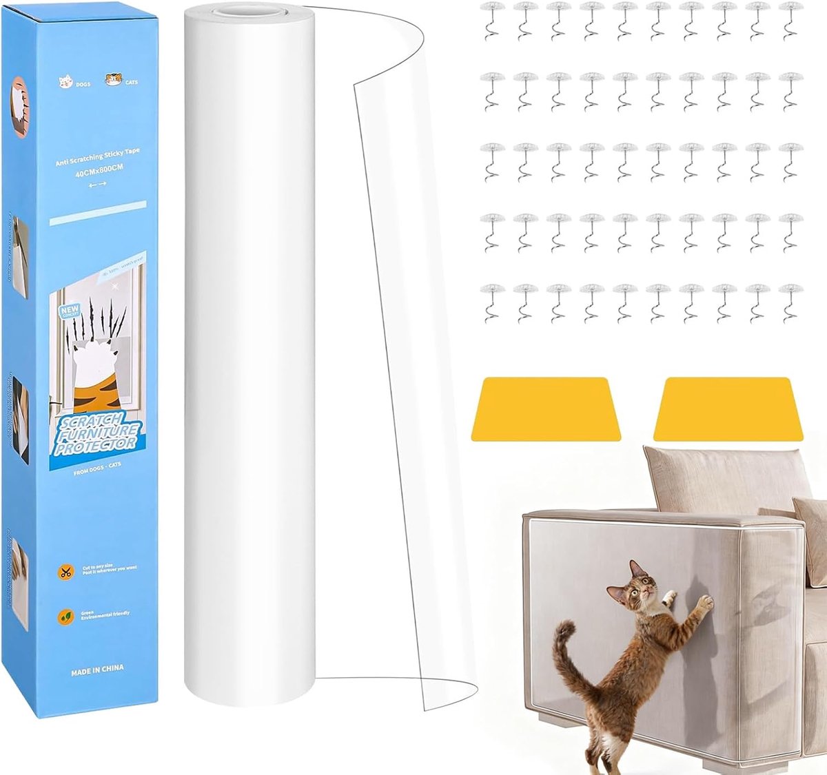40 x 500 cm - Krasbestendige beschermfolie voor katten - Transparante zelfklevende folie - Bescherming tegen krabben voor bank, muur, deur en meubels - 50 schroeven