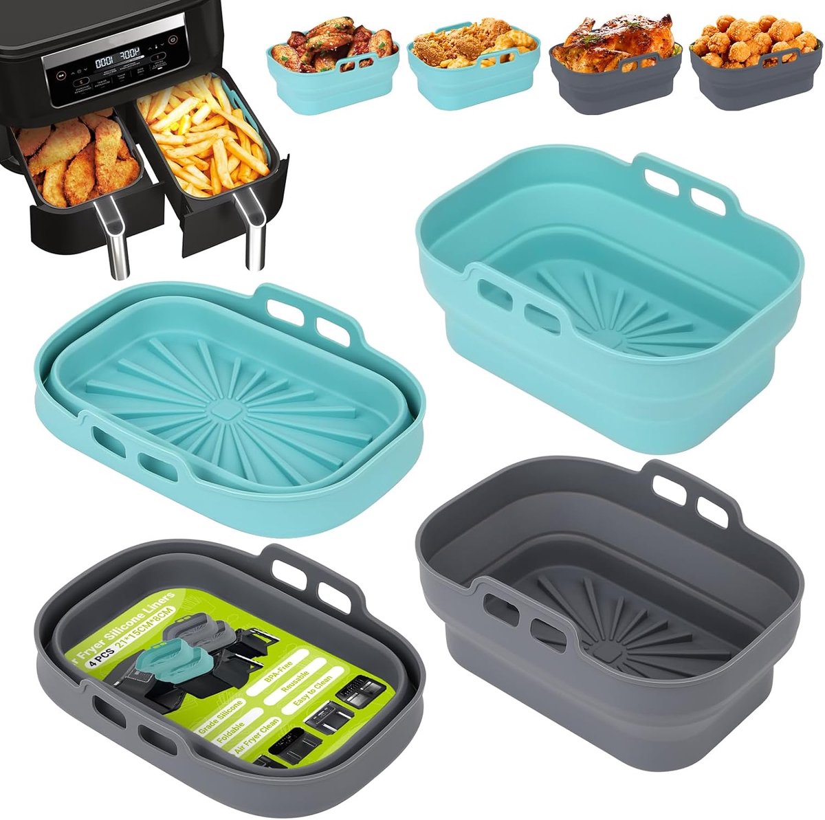 Air Fryer Siliconen Pot, 4 Stuks Airfryer Vormpjes Herbruikbare Mandjes Heteluchtfriteuse Rechthoekig Opvouwbare Tray Basket Liners voor Lucht Frituur, Oven, Magnetron (Blauw+Grijs)
