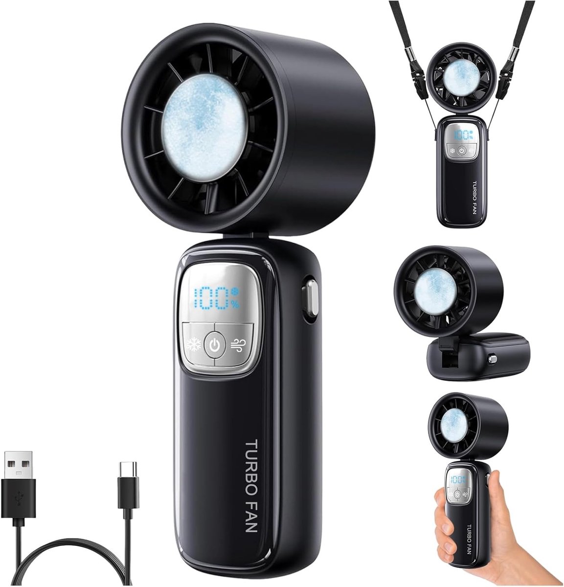 Opvouwbare Handventilator - Zwart - 5 Snelheden met IJskoeling - 3600 mAh - Voor Reizen en Buitenactiviteiten