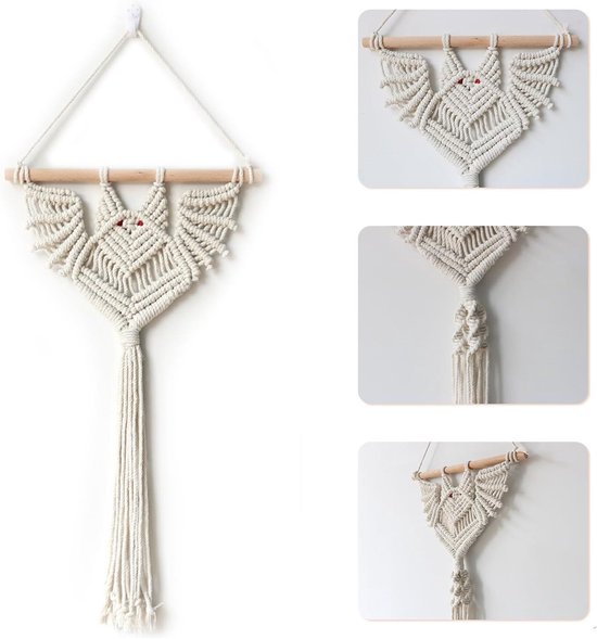 Macrame Plantenhanger - Wanddecoratie Plantenhouder - Binnen Buiten Decoratie - Gothic Vleermuis Design - 30 x 50 cm - Beige