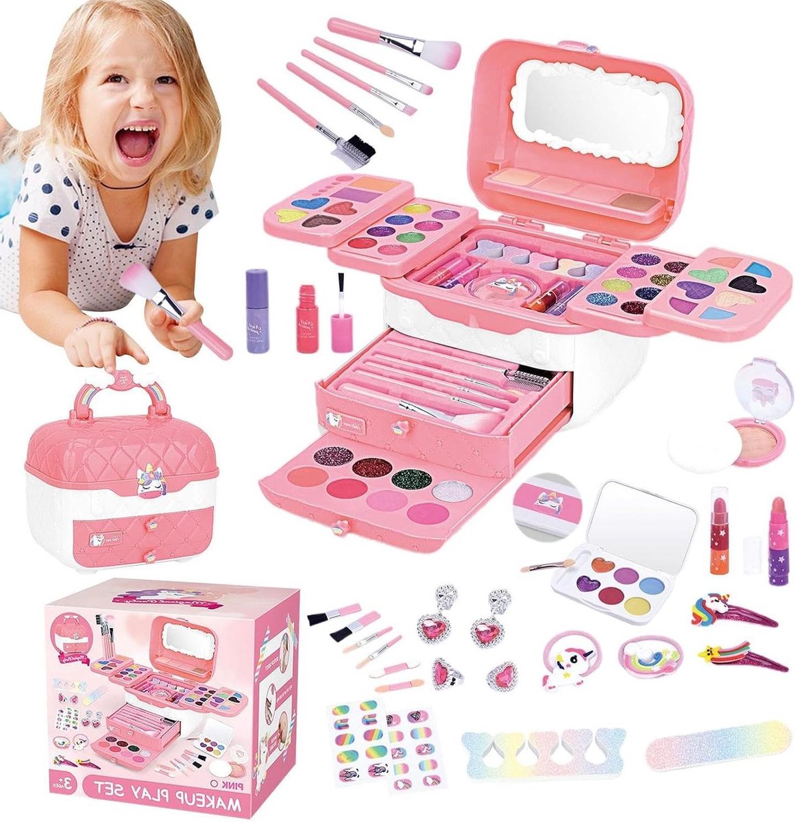 Kinder Make-up Set - Speel Make-up Wasbaar - Creatief Spelen - Inclusief Spiegel - 72 Stuks - Roze
