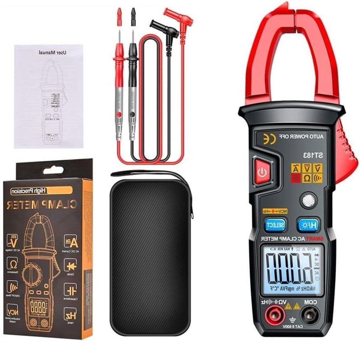 Klem Multimeter - Stroomtang Tester - Elektrische Metingen - Contactloze Spanningdetectie - 400A Capaciteit - Zwart Rood