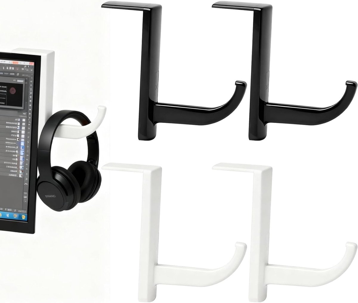 Set van 4 Gaming Headset Houder, Zelfklevende Monitor Haak voor Hoofdtelefoons, Ruimtebesparende Bevestiging met Sterke Lijm voor Scherm, Tafel en Wandmontage