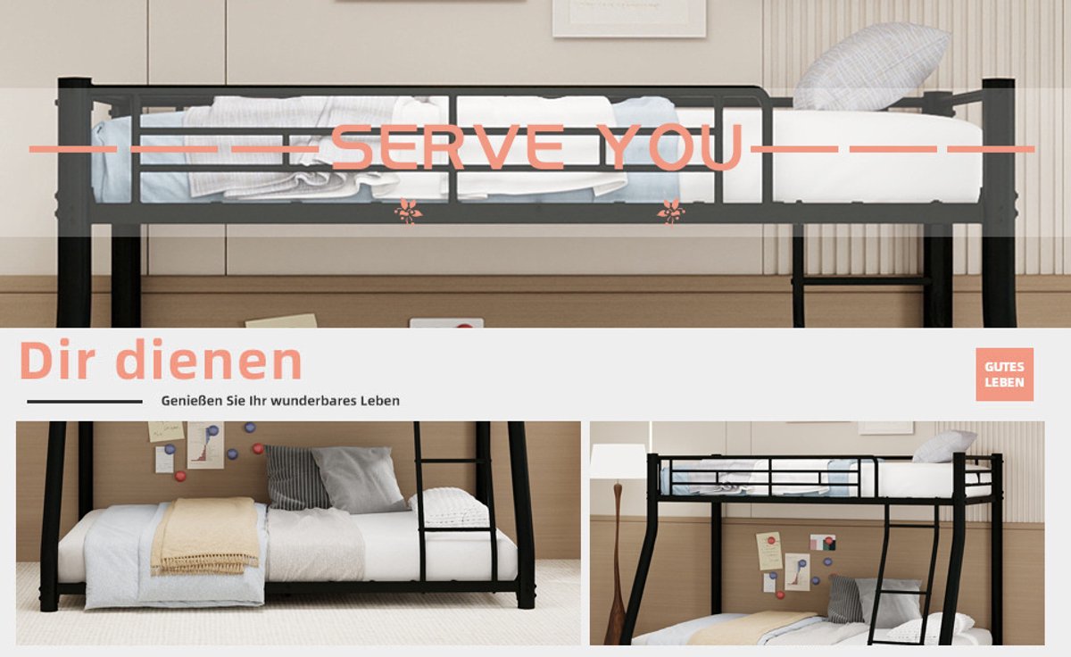 MIVRAY Stapelbed 90x190 140x190 cm - Zwaar Metalen Bedframe Met Ladder En Valbeveiliging - Zonder Matras - Slaapkamer - Zwart