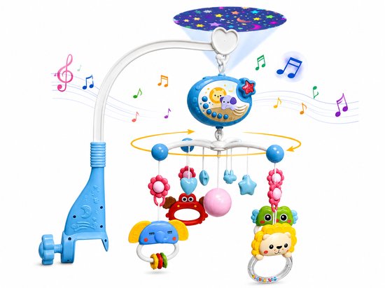 Blauwe baby mobiel met ronddraaiende speeltjes, projectie van sterren op het plafond en muzieknoten.