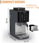 Compacte zwarte Krups Coffee Crush koffiemachine met afmetingen en indicator voor koffiebonen reservoir.
