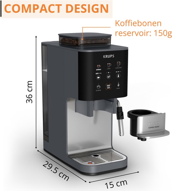 Compacte zwarte Krups Coffee Crush koffiemachine met afmetingen en indicator voor koffiebonen reservoir.