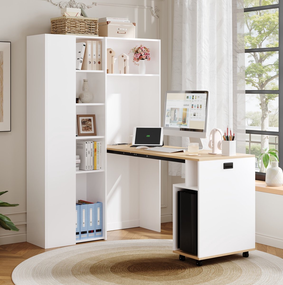 FloraGrace Bureau - Opklapbaar 2 In 1 Hoekbureau Met Boekenkast En Stopcontact - Voor Thuiswerkplek En Studentenkamer - MDF - 104,5x30,5x160 Cm - Wit