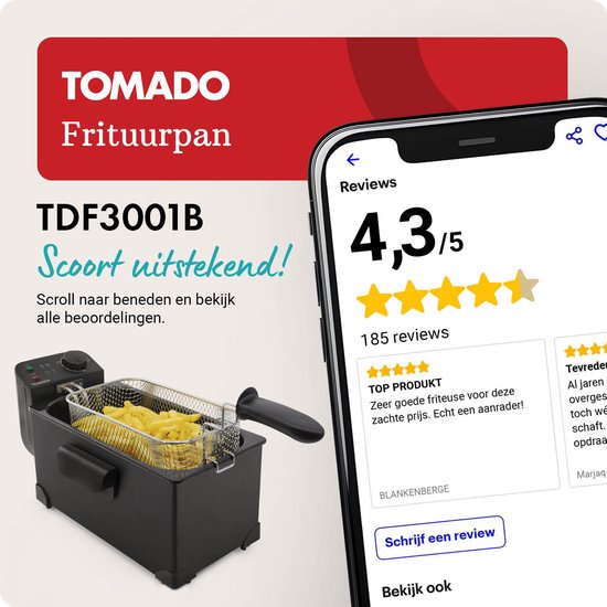 Zwarte Tomado friteuse TDF3001B naast een smartphone die de positieve reviews toont. 4.3/5 sterren.