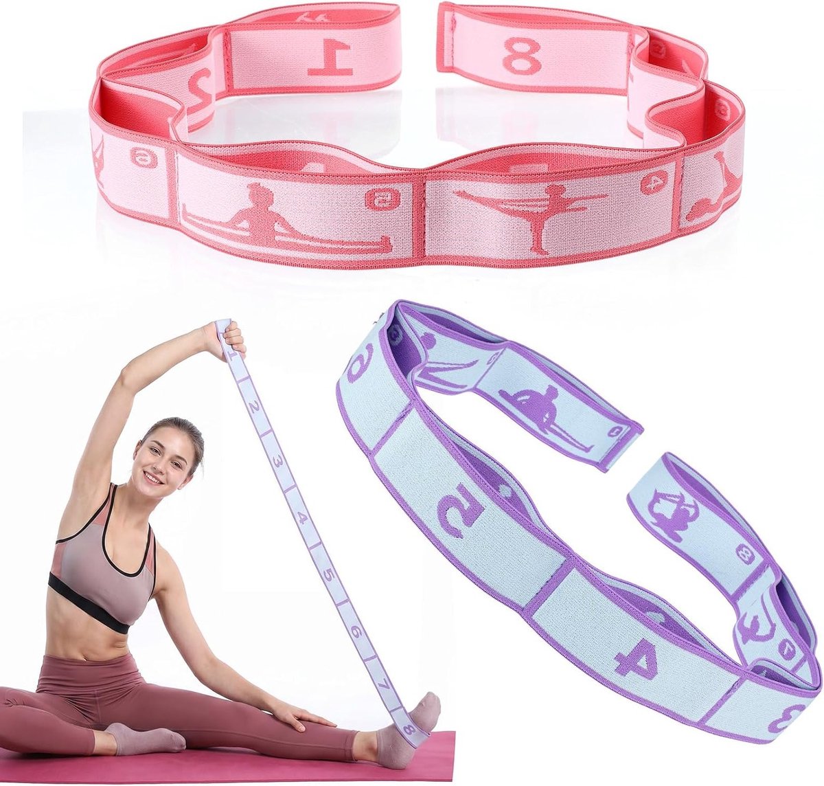 Set van 2 Elastische Yoga Stretch Bands met 8 Lussen voor Flexibiliteit, Krachttraining en Revalidatie Oefeningen