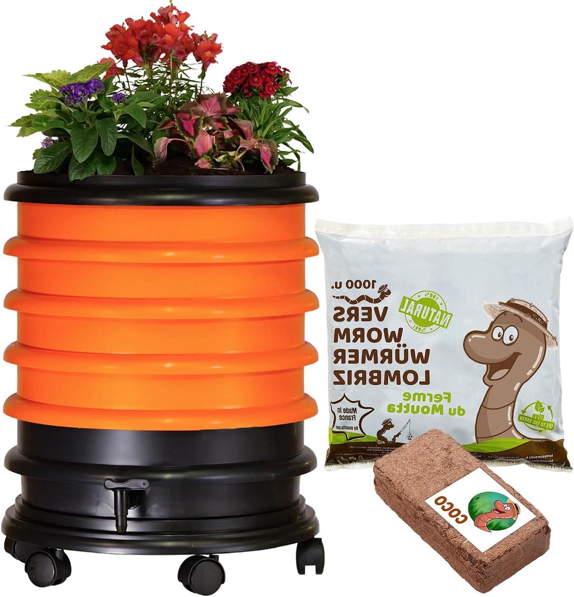 Wormenbak Composter - Wormenbak Compostbak - Organisch Afval Verwerken - 4 Bakken Inclusief Wormen - 64 liter - Oranje