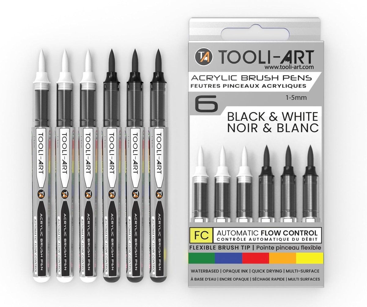 Acrylverfpennen - Zwart/Wit - Flexibele Penseelmarkers - Automatische Inktregeling - Voor Illustratie en Belettering