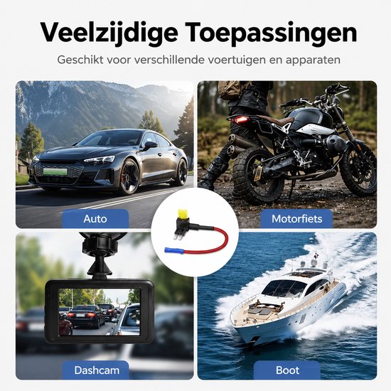 Collage toont toepassingen van zekeringaftakkers in auto, motorfiets, dashcam en boot.