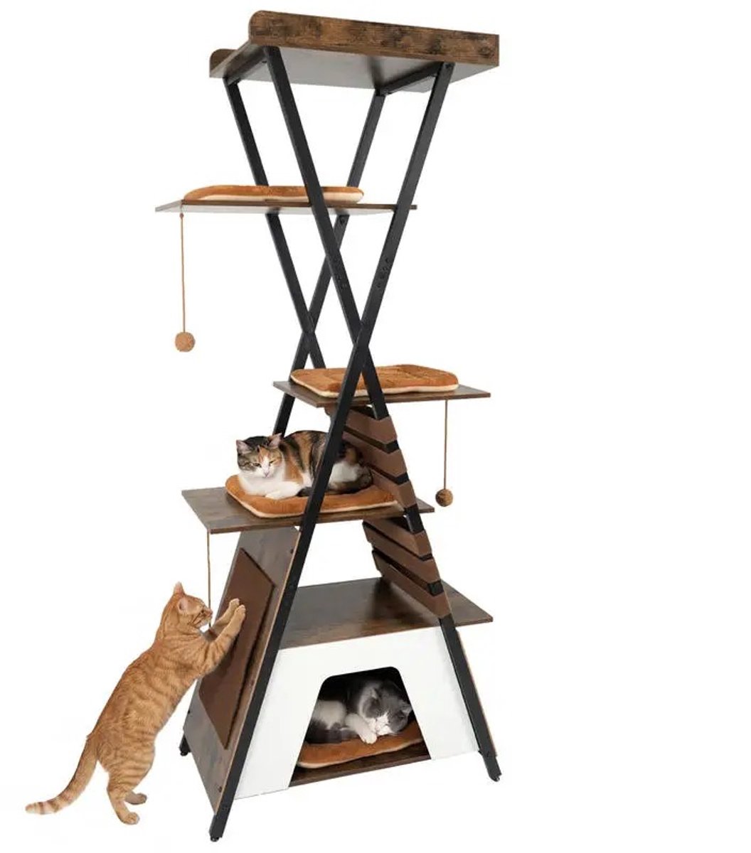 NordPaw® Industriële Kattenkrabpaal XXL 185 cm - Kattenboom met Kattenhuis, Krabplank, Speelballetjes, Ligplateaus en Uitkijkplatform - Hout & Metaal - 75 x 40 x 185 cm
