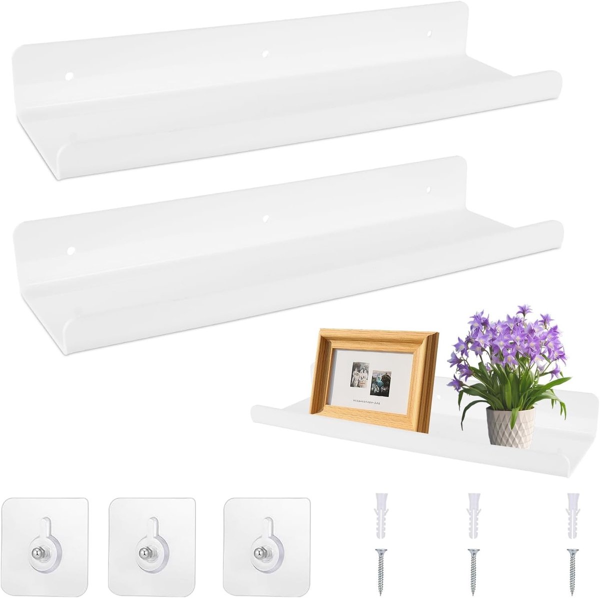 Set van 2 Wandplanken voor Badkamer zonder Boren, 30 cm, Acryl Drijvende Planken, Zelfklevende Wandplanken voor Woonkamer, Slaapkamer en Keuken Decoratie