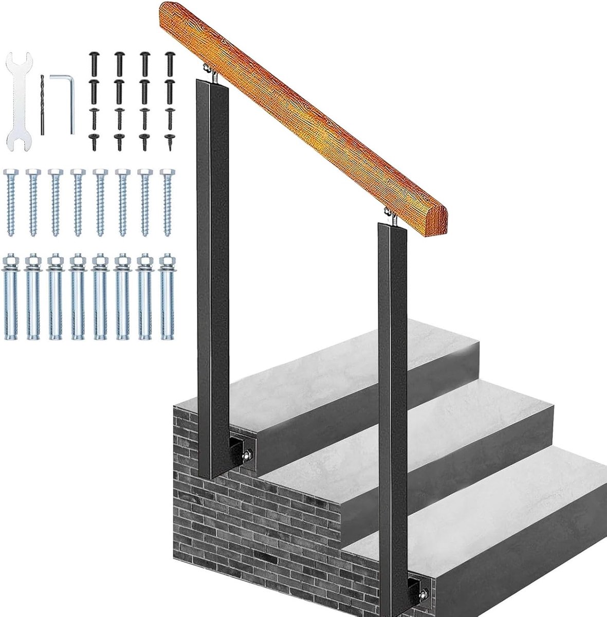 Houten Buitenleuning - Trapleuning Smeedijzer - Veilige Toegang - Verstelbare Lengte - 85 cm Hoog - Natuurlijk Hout