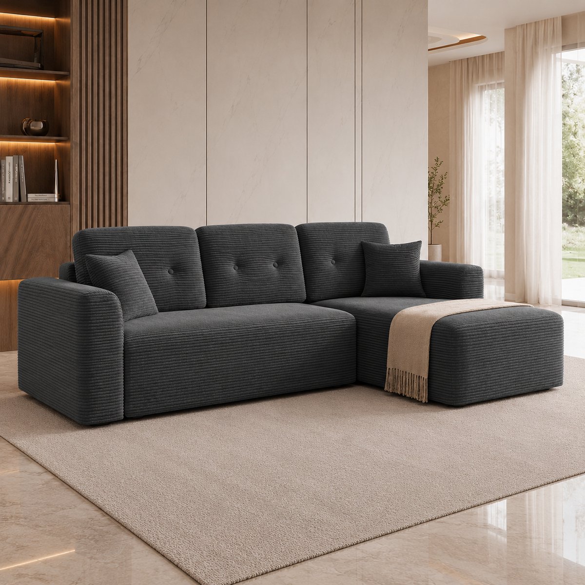 Luxe Modulaire Hoekbank met Chaise Longue Rechts & Slaapfunctie - Zachte Corduroy Bank 244 cm - Geen Montage Nodig - Leigrijs | NoviHomeStore