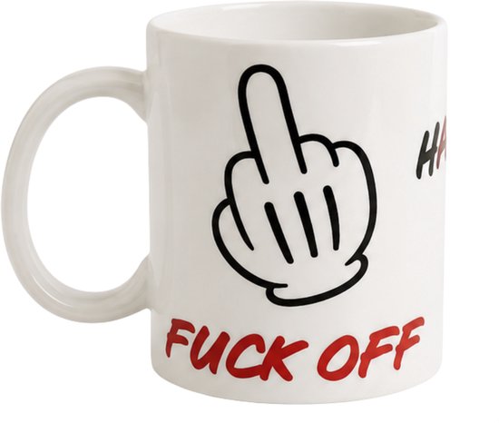 Witte mok met een tekening van een hand die de middelvinger opsteekt. De tekst "FUCK OFF" staat er in rode letters onder.