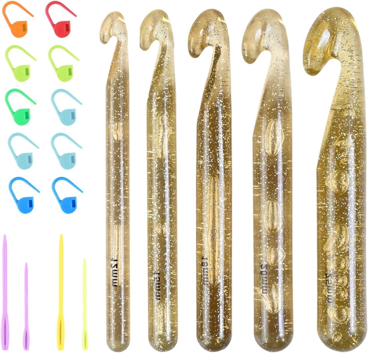Complete Haaknaalden Set van 5 Stuks voor Dikke Wol - Ergonomische Haaknaalden met Steekmarkeerders en Stopnaalden voor Dekens, Sjaals en Mutsen