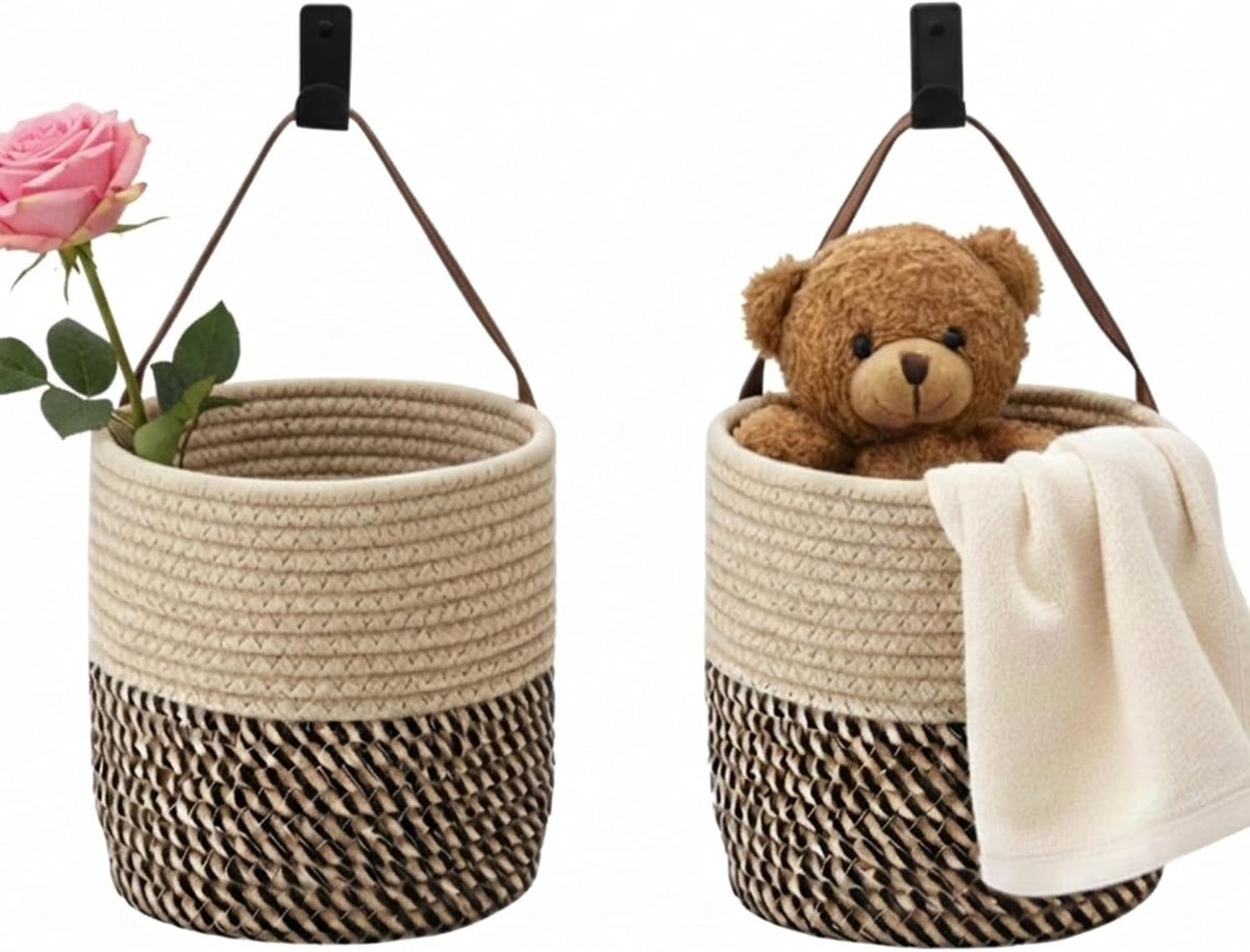 Set van 2 Hangende Mand met Handvat, Woven Opbergmanden voor Wanddecoratie, Decoratieve Mand voor Badkamer en Woonkamer, Organizer voor Thuis, Zwart/Bruin