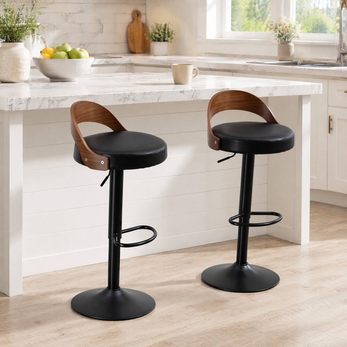 MODENUIT Barkruk 42,5 x 42 x 77-98 cm - 360° Draaibaar En Hoogteverstelbaar - Voor Keuken En Bar - Kunstleer Zwart