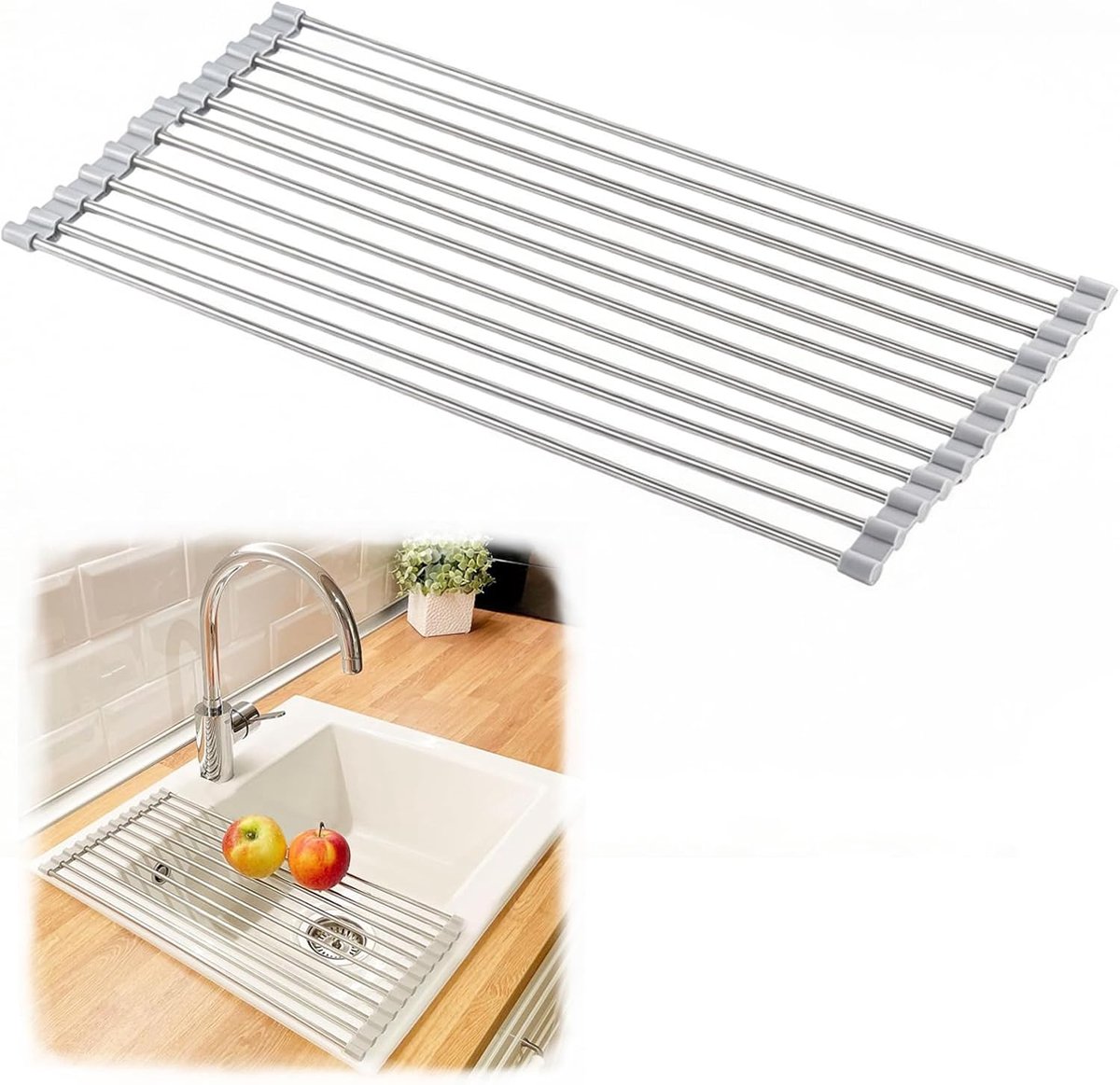 Thijox - Vaatwasserrek Roestvrij Staal Opvouwbaar Gootsteenrek 12 Buizen 37,5 cm x 23 cm voor Kopjes Fruit Groenten Keuken Organizer