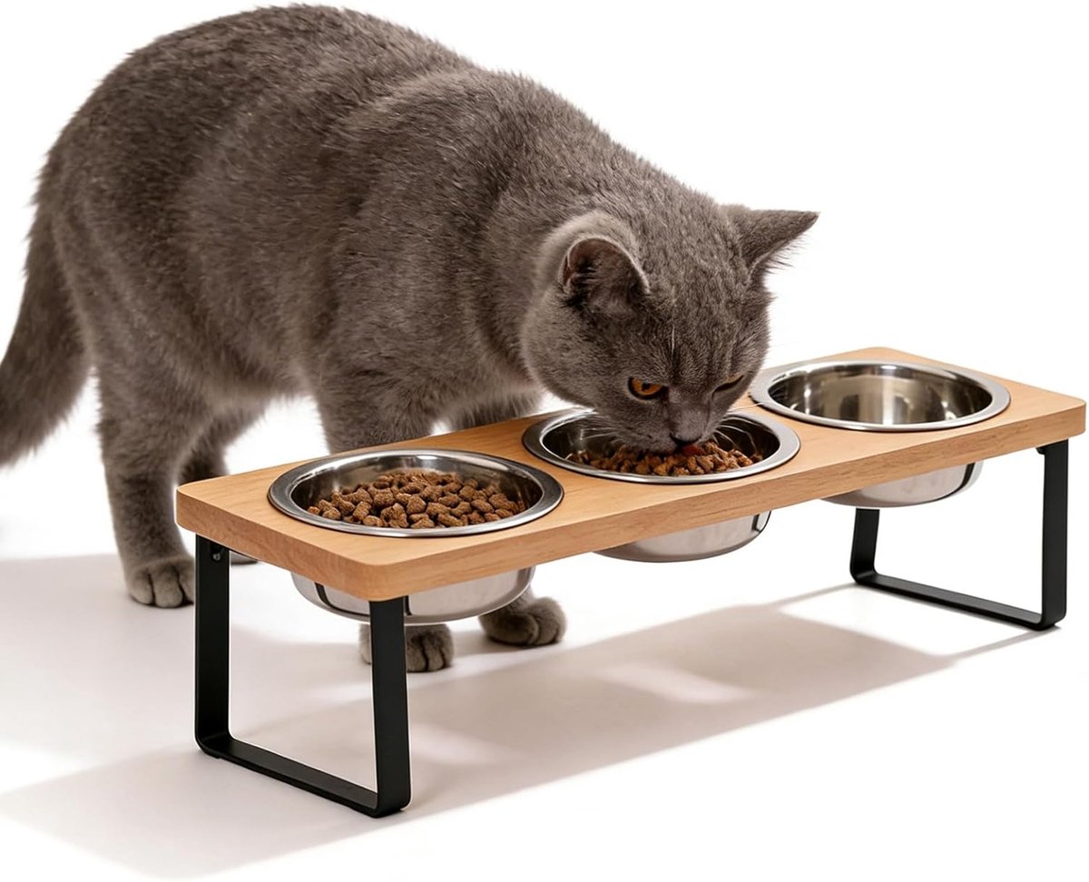 Thijox - Set van 3 Verhoogde Kattenbakken en Voederbakken voor Katten en Honden - 15° Gekanteld Voederstation met Roestvrijstalen Kommen - Perfect voo