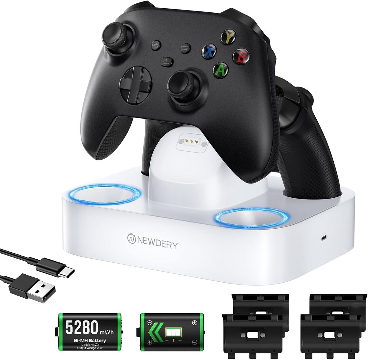 SnelShoppen - Oplaadstation voor Xbox Draadloze Controller met 2 x 5280 mWh Accu's, Snellaadstation met 4 Accuafdekkingen, Wit voor Xbox One/Series X|