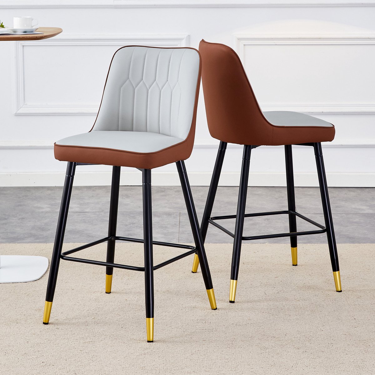 MODENUIT Barkruk 42 x 45 x 100 cm - Set Van 2 Met Rugleuning En Voetsteun - Voor Huisbar En Keukeneiland - Kunstleer En Metaal - Lichtgrijs Bruin Zwart
