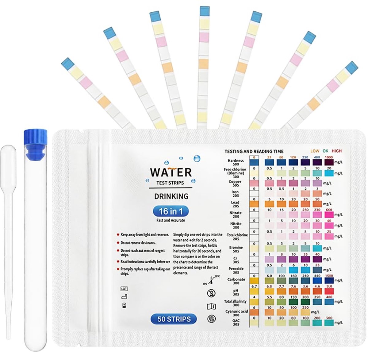 SnelShoppen - 50 x 16-in-1 Drinkwaterteststrips met Druppelaar | PH Teststrips, Analyse Kwaliteit, Hardheid, Zware Metalen, Voor Zwembad, Aquarium, Fo