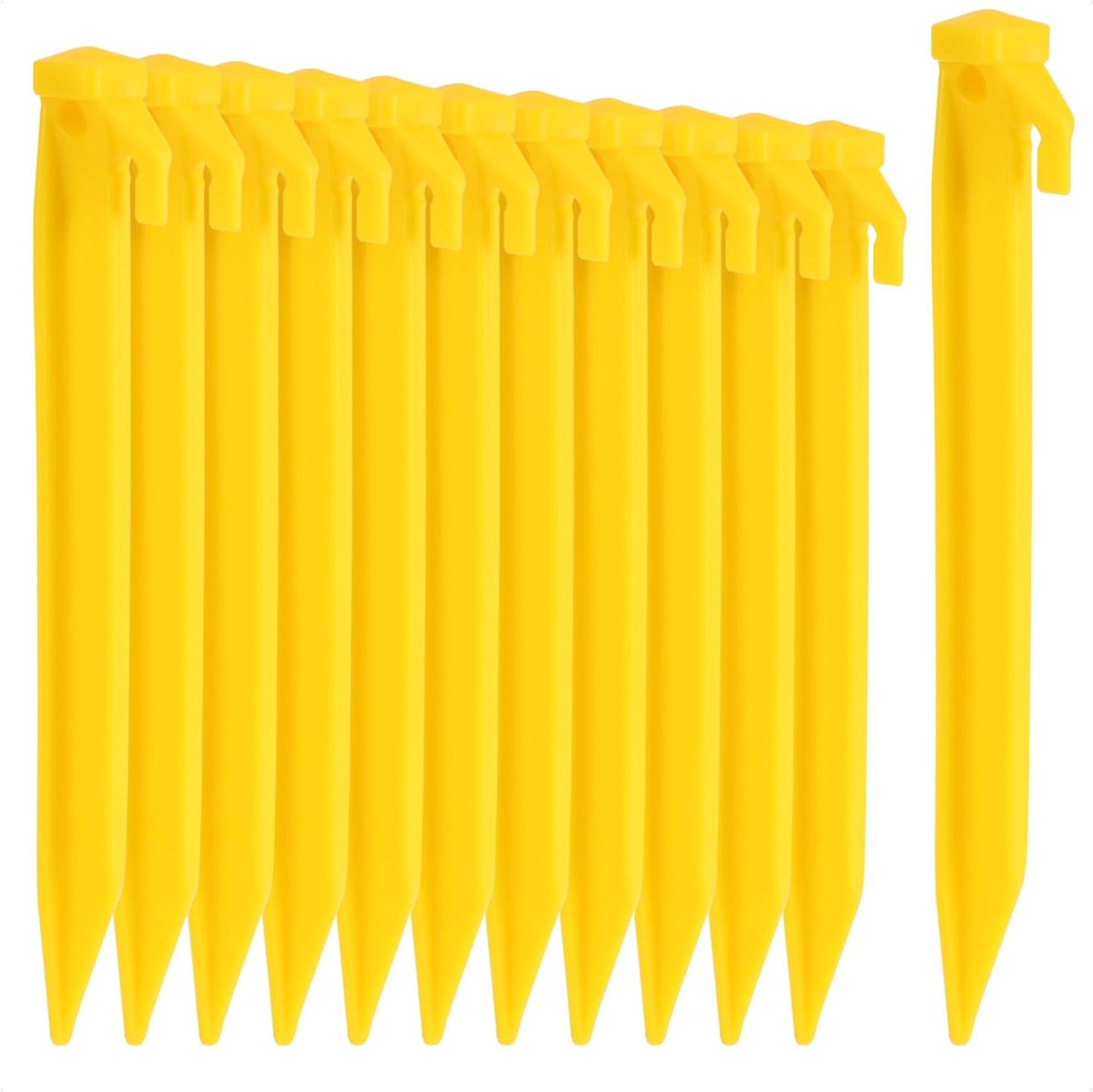 SnelShoppen - 12 x Plastic Tent Pegs - Grondankers voor Camping, Tuin, Strand - Gele Haring met Trekgaatje - 22 cm