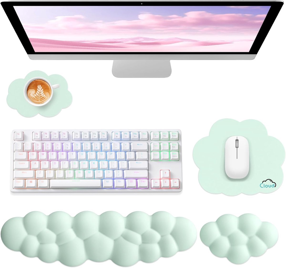 SnelShoppen - Ergonomische Sushret Cloud Polssteun voor Toetsenbord en Muis, 4-in-1 Geheugenfoam Set, Lichtgroen, Ideaal voor Gaming en Werkplek