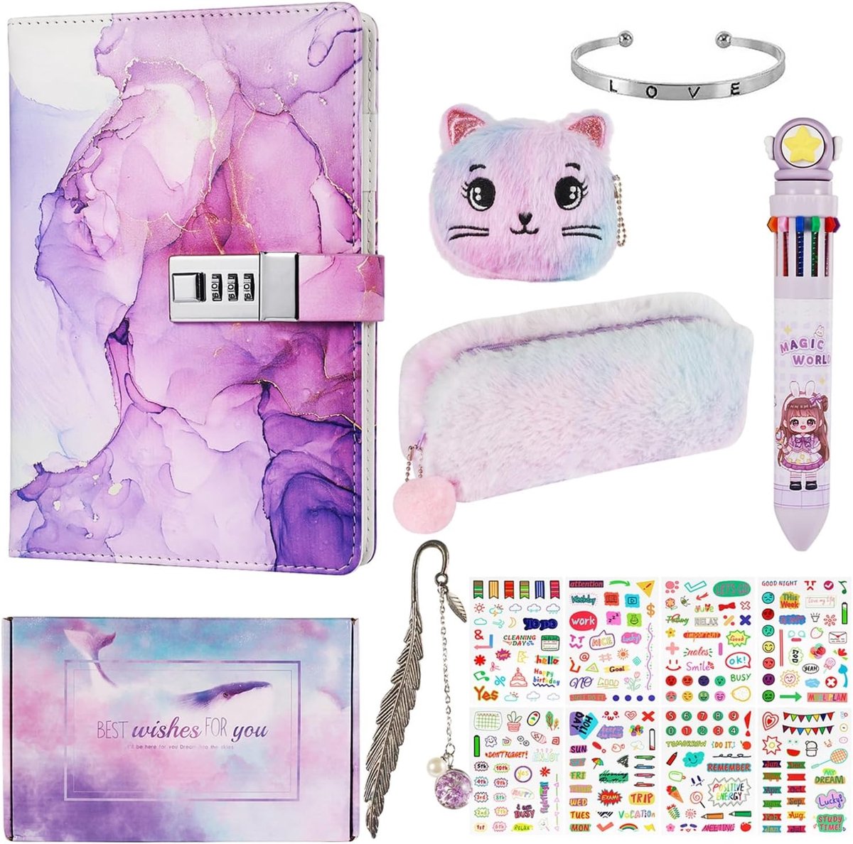 SnelShoppen - Dagboek met Slot voor Meisjes, Gepersonaliseerd Journal met Code, Pennen, Armband, Stickers en Portemonnee, Perfecte Cadeaus voor Verjaa