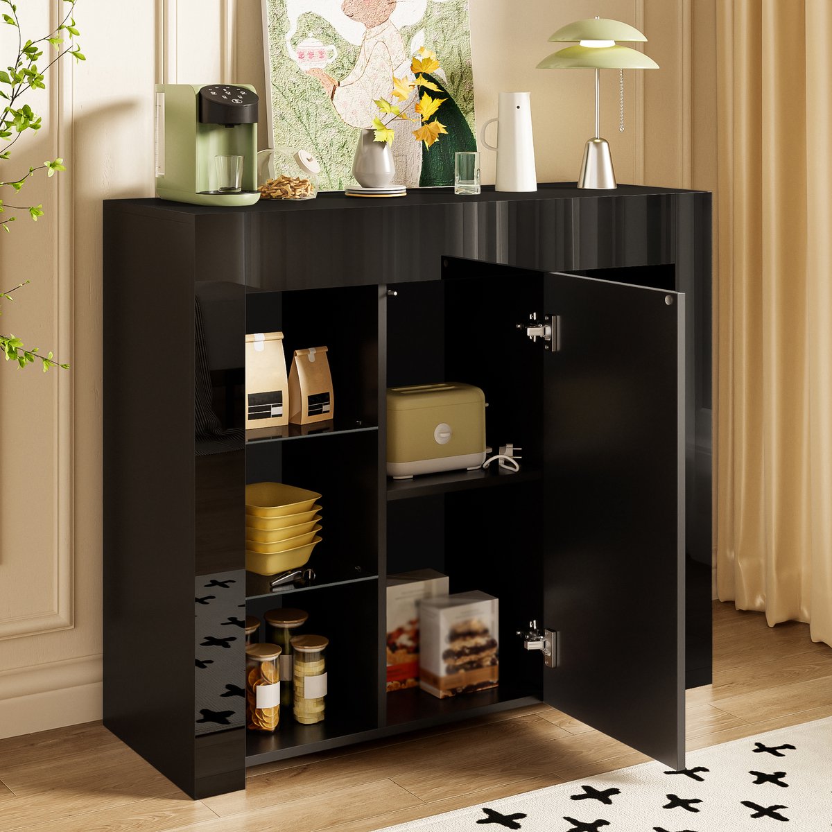 Wishdor - Buffetkast - hoogglans front - met glasplanken en kastdeur - modern design - voor woonkamer, eetkamer of keuken - houtlook zwart - 95 x 35 x 83 cm