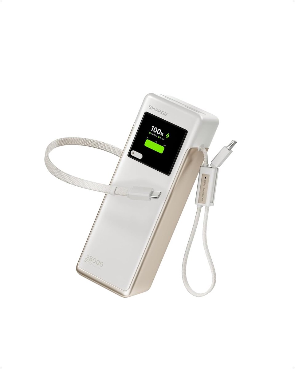 SnelShoppen - Draagbare Powerbank 170W, 25000 mAh, Snellader met 4 USB-poorten, Intrekbare Kabels, Smart TFT-display, Ideaal voor Laptops en Smartphon