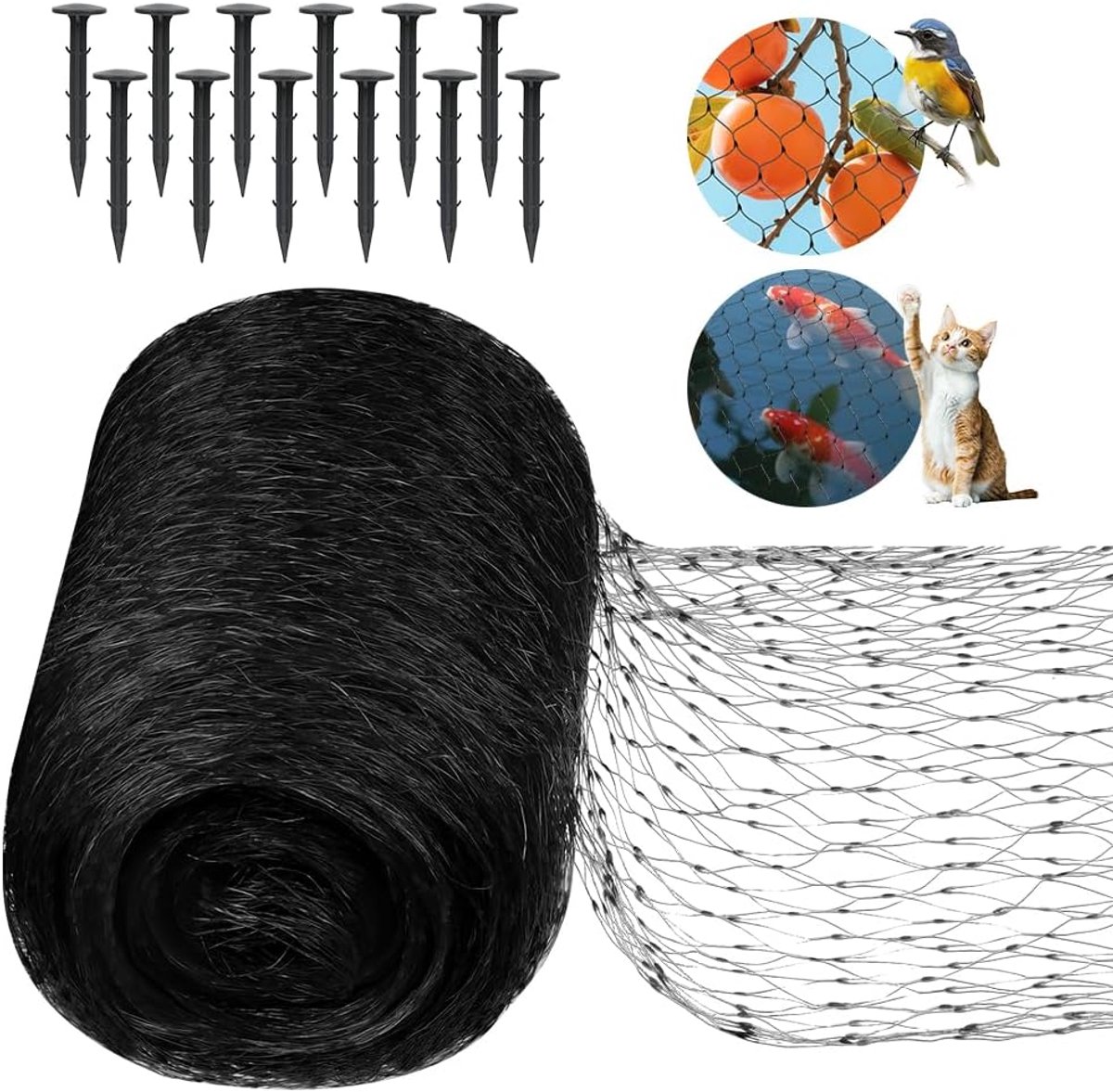 SnelShoppen - Garden Netting, Vogelnet, Zwart Tuinnet 4 x 12 m, Bescherming voor Boomgaard, Groentetuin, Vijver met Plastic Grondpennen en Kabelbinder
